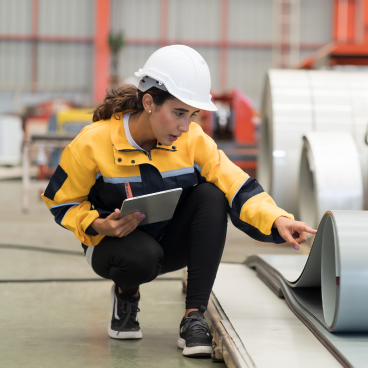NEUI female staff in safety gear kneeling and taking notes on a tablet next to a large roll of material in a factory